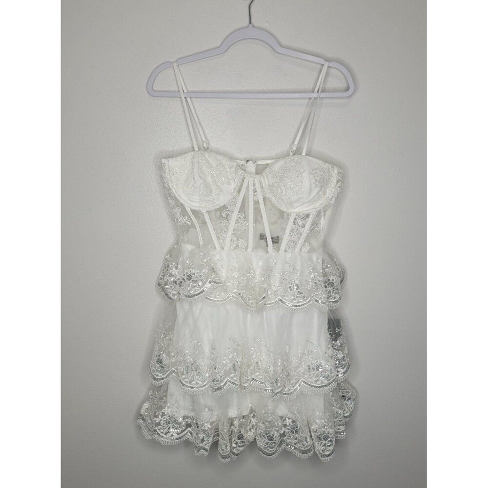 Lulus Exquisite Drama White Embroidered Sequin Tiered Mini Dress corset L NWTt